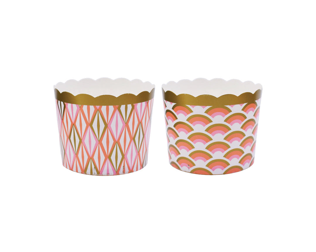 Large pink & gold paper baking and snack cup double set, oven-safe, freezer-safe, PFAS-free, perfect for muffins, cupcakes, and snacks, disposable, eco-friendly, and colorful party baking accessory.