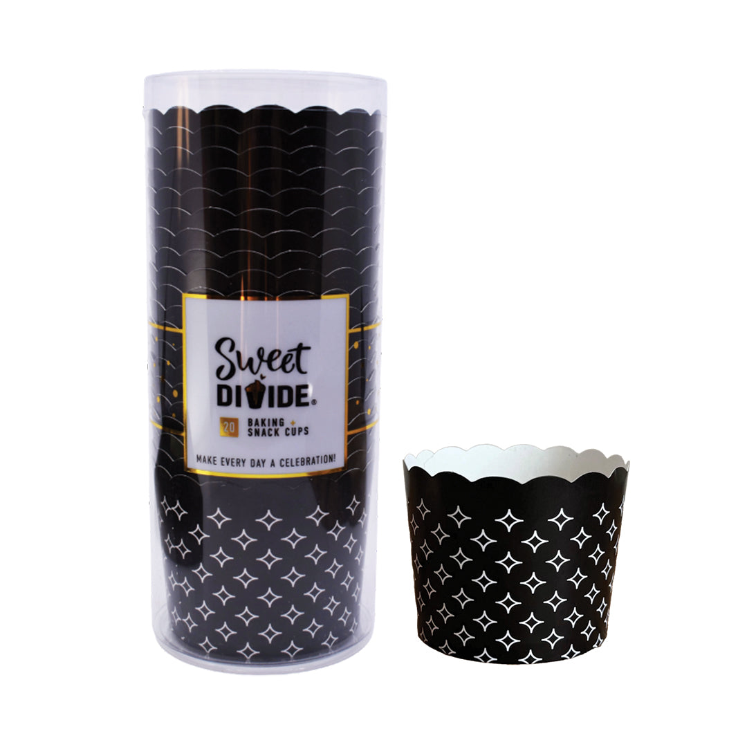 Large black paper baking and snack cup, oven-safe, freezer-safe, PFAS-free, perfect for muffins, cupcakes, and snacks, disposable, eco-friendly, and colorful party baking accessory.