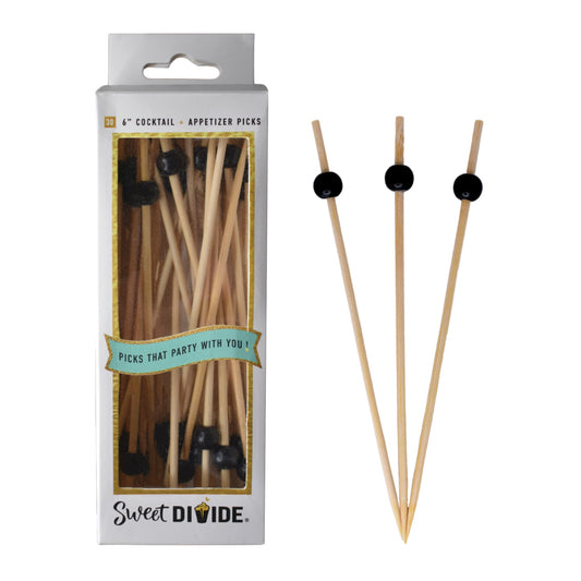 6-inch Black Cocktail & Appetizer Picks – Pack of 30. Food-safe ball picks for cocktails, appetizers, and finger foods.