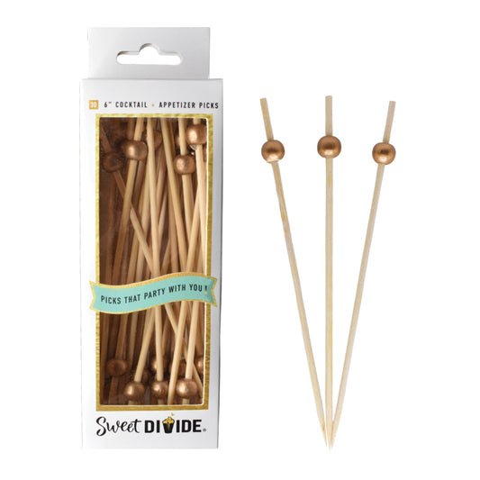 6-inch Gold Cocktail & Appetizer Picks – Pack of 30. Food-safe ball picks for cocktails, appetizers, and finger foods.