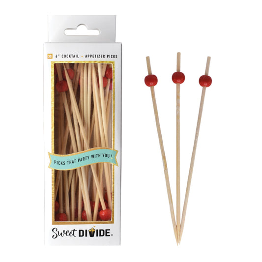 6-inch Red Cocktail & Appetizer Picks – Pack of 30. Food-safe ball picks for cocktails, appetizers, and finger foods.