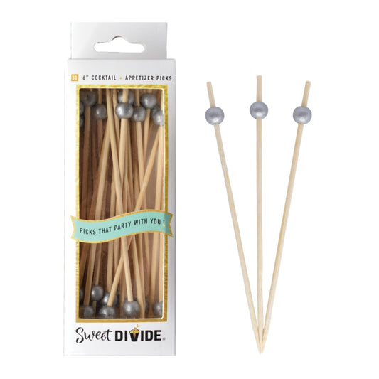 6-inch Silver Cocktail & Appetizer Picks – Pack of 30. Food-safe ball picks for cocktails, appetizers, and finger foods.