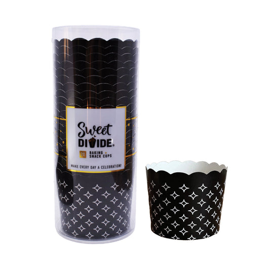 Large black paper baking and snack cup, oven-safe, freezer-safe, PFAS-free, perfect for muffins, cupcakes, and snacks, disposable, eco-friendly, and colorful party baking accessory.