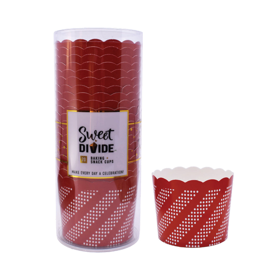Large red paper baking and snack cup, oven-safe, freezer-safe, PFAS-free, perfect for muffins, cupcakes, and snacks, disposable, eco-friendly, and colorful party baking accessory.