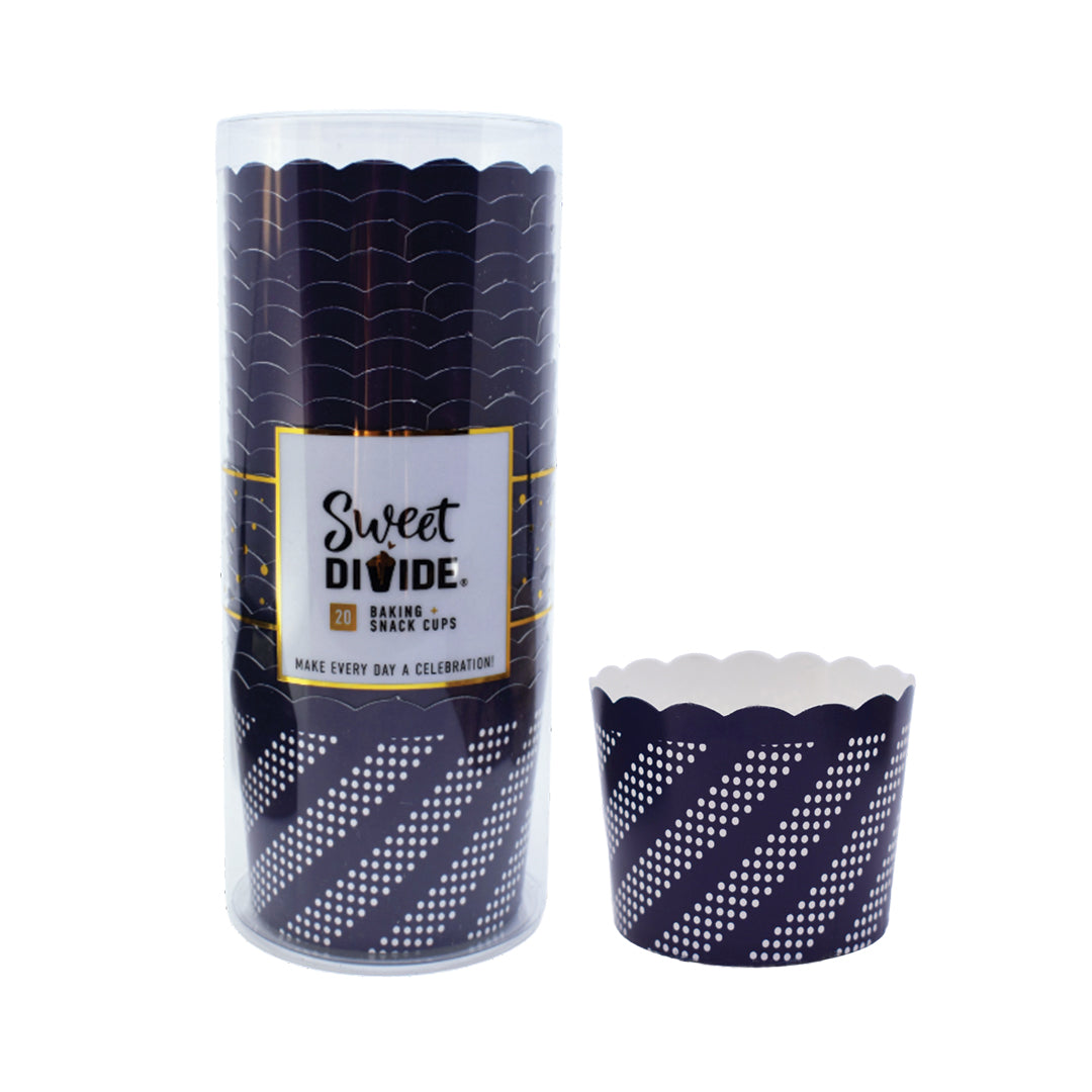Large blue paper baking and snack cup, oven-safe, freezer-safe, PFAS-free, perfect for muffins, cupcakes, and snacks, disposable, eco-friendly, and colorful party baking accessory.
