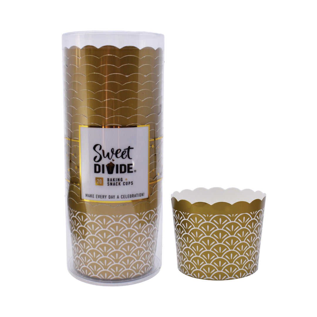 Large gold paper baking and snack cup, oven-safe, freezer-safe, PFAS-free, perfect for muffins, cupcakes, and snacks, disposable, eco-friendly, and colorful party baking accessory.