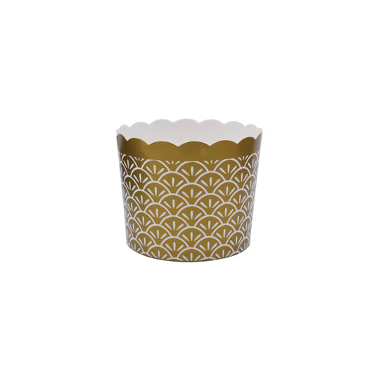 Bulk large gold paper baking and snack cup, oven-safe, freezer-safe, PFAS-free, perfect for muffins, cupcakes, and snacks, disposable, eco-friendly, and colorful party baking accessory.