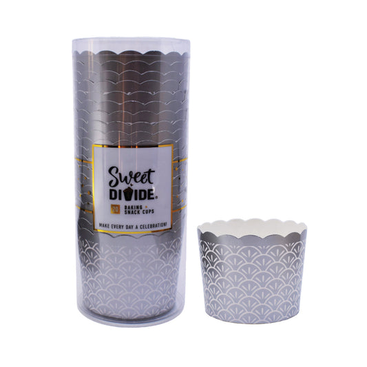 Large silver paper baking and snack cup, oven-safe, freezer-safe, PFAS-free, perfect for muffins, cupcakes, and snacks, disposable, eco-friendly, and colorful party baking accessory.