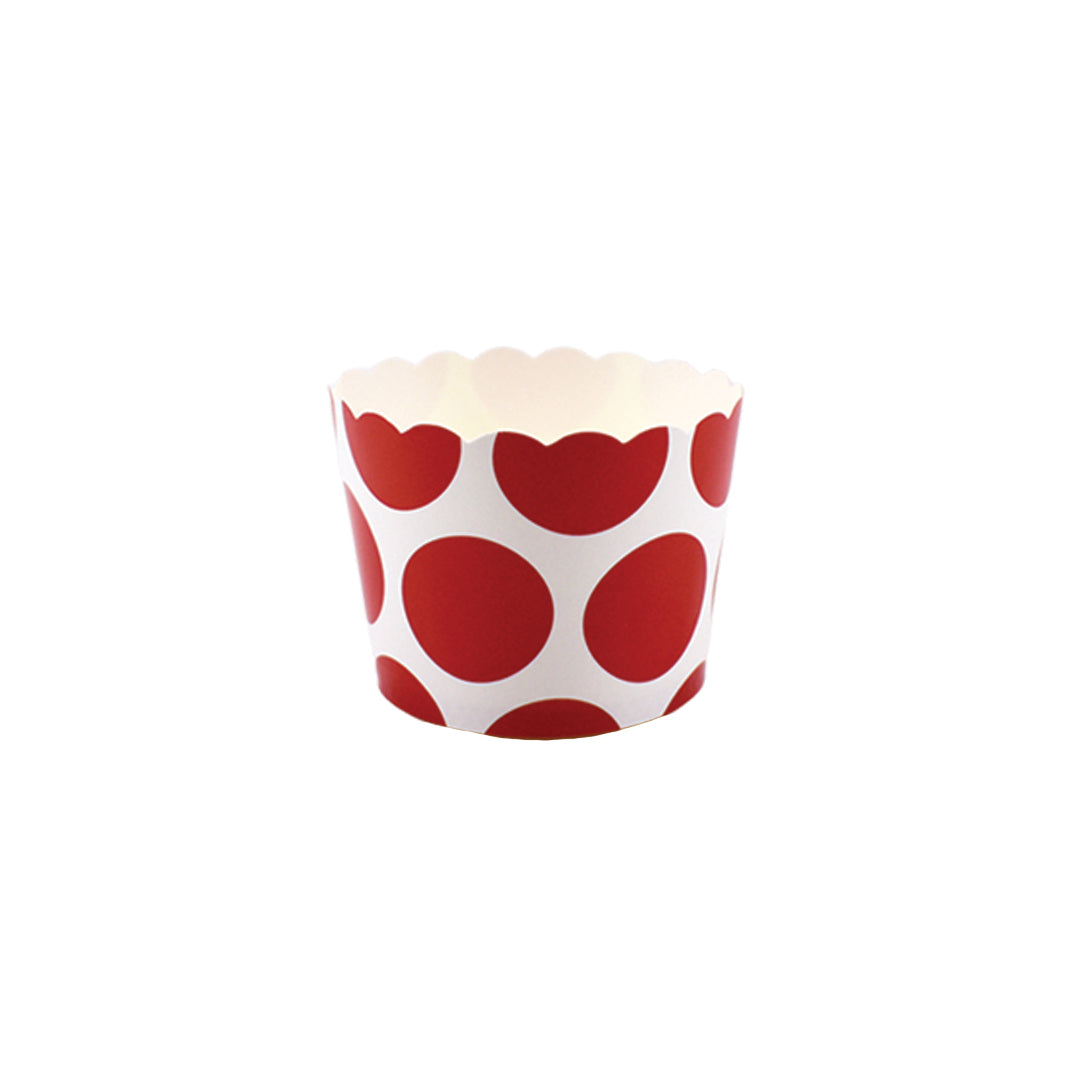 Small red polka dot paper baking and snack cup, oven-safe, freezer-safe, PFAS-free, perfect for muffins, cupcakes, and snacks, disposable, eco-friendly, and colorful party baking accessory.