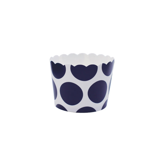 Bulk small blue polka dot paper baking and snack cup, oven-safe, freezer-safe, PFAS-free, perfect for muffins, cupcakes, and snacks, disposable, eco-friendly, and colorful party baking accessories.