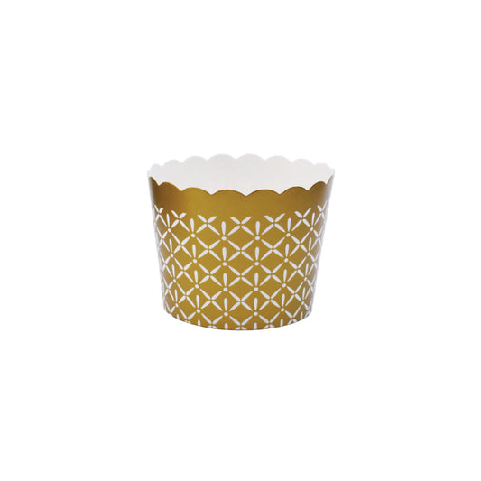 Bulk small gold paper baking and snack cup, oven-safe, freezer-safe, PFAS-free, perfect for muffins, cupcakes, and snacks, disposable, eco-friendly, and colorful party baking accessories.