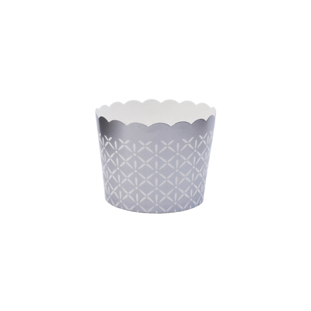 Small silver paper baking and snack cup, oven-safe, freezer-safe, PFAS-free, perfect for muffins, cupcakes, and snacks, disposable, eco-friendly, and colorful party baking accessory.