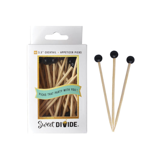 3.5-inch Black Cocktail & Appetizer Picks – Pack of 40. Food-safe ball picks for cocktails, appetizers, and finger foods.