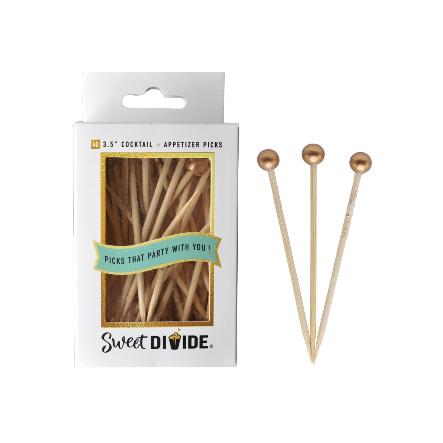 3.5-inch Gold Cocktail & Appetizer Picks – Pack of 40. Food-safe ball picks for cocktails, appetizers, and finger foods.