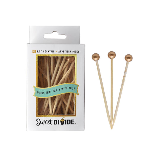3.5-inch Gold Cocktail & Appetizer Picks – Pack of 40. Food-safe ball picks for cocktails, appetizers, and finger foods.