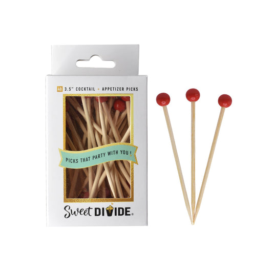 3.5-inch Red Cocktail & Appetizer Picks – Pack of 40. Food-safe ball picks for cocktails, appetizers, and finger foods.