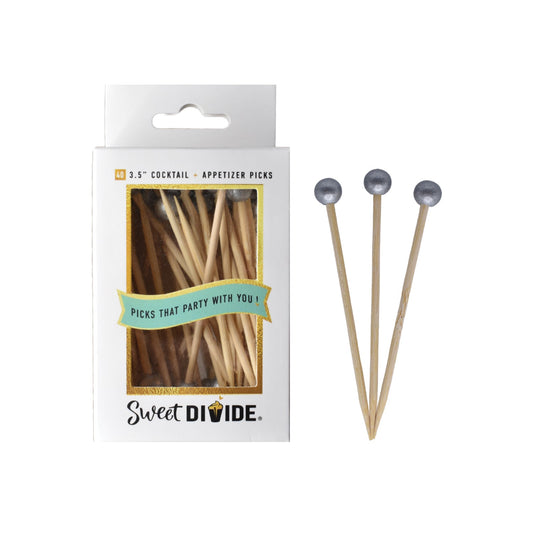 3.5-inch Silver Cocktail & Appetizer Picks – Pack of 40. Food-safe ball picks for cocktails, appetizers, and finger foods.