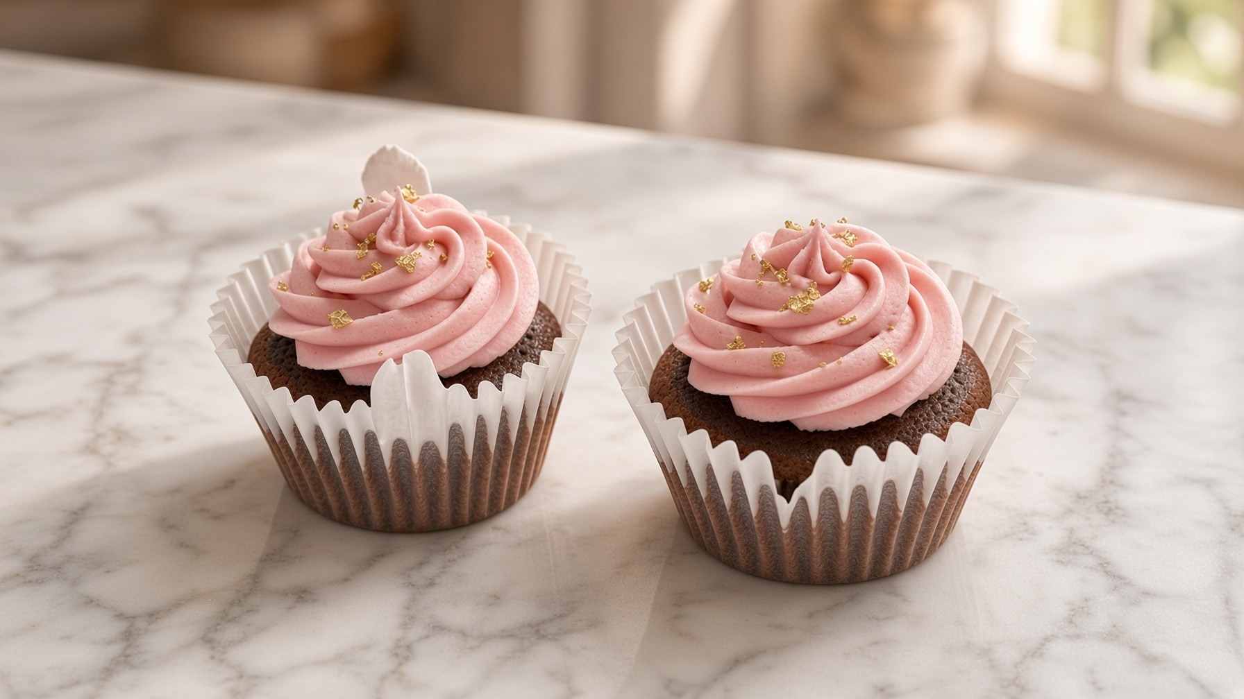 Two chocolate cupcakes with strawberry frosting in white Sweet Divide tab liners on marble
